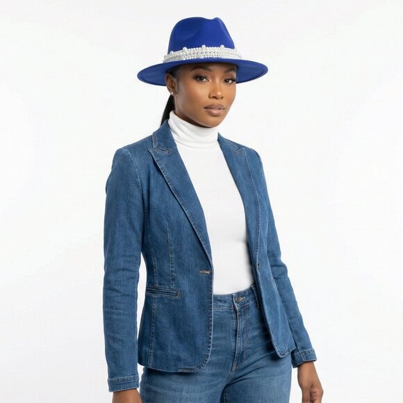 New Style Royal Blue Fashion Fedora Jazz Hat with Wide Pearl Belt main image 4
